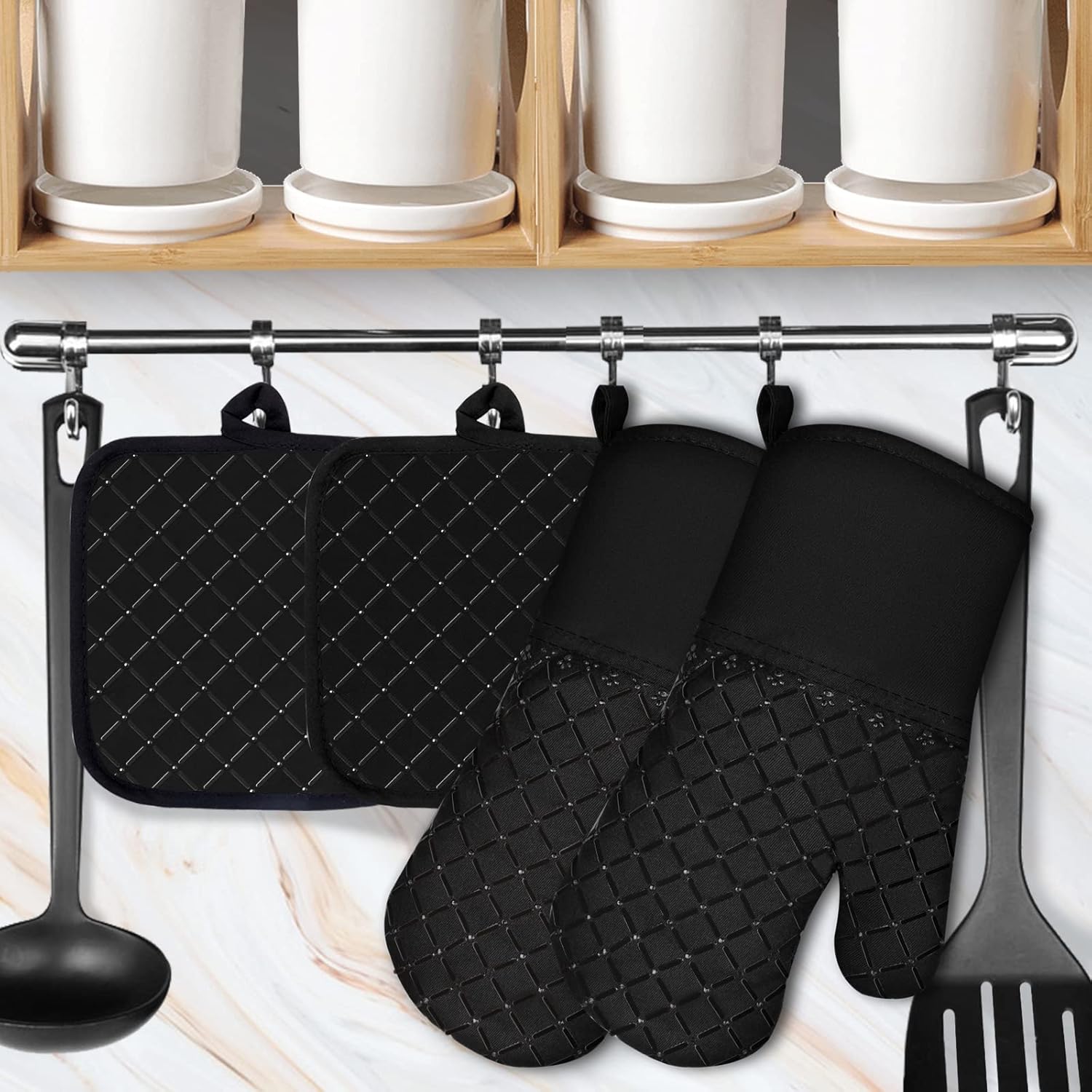 4PCS Oven Mitts and Pot Holders Sets 500°F Pot Holders for Kitchen Heat Resistant Oven Gloves Anti-Slip Silicone Stripe Oven Mitts Heat Resistant Hot Pads Oven Mits Potholders for Kitchens (Black)