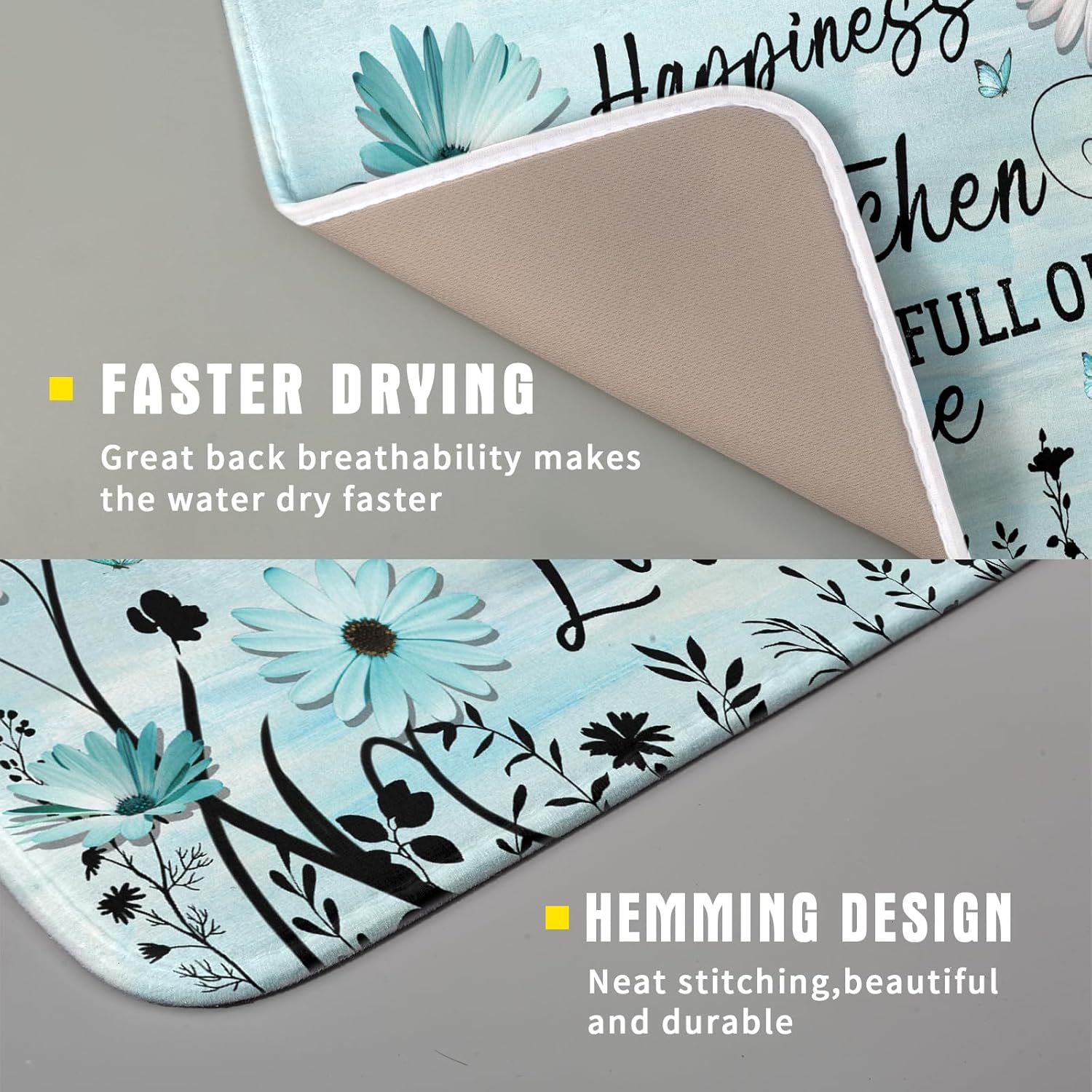 Blue Daisy Dish Drying Mat 16x18 Inch Love Kitchen Absorbent Microfiber Washable Fast Drying Pad Dishes Rack Mat for Kitchen Counter