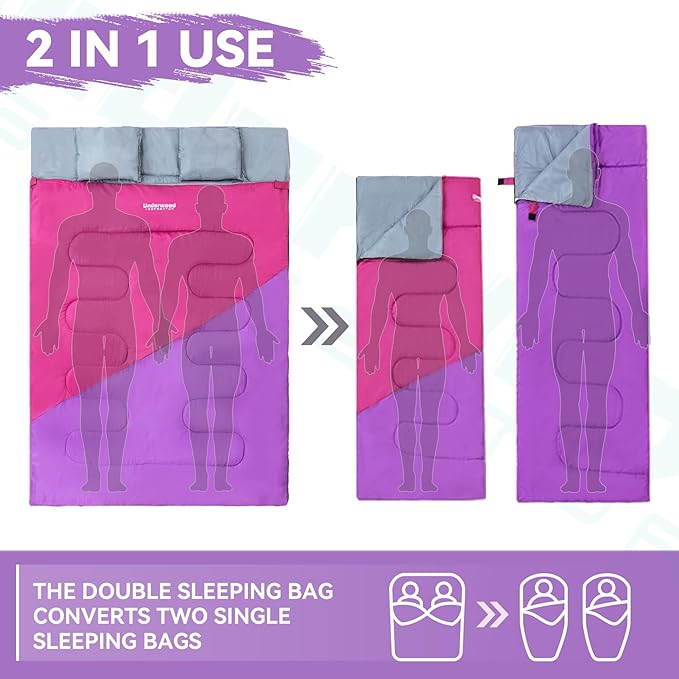 Double Sleeping Bag for Adults Kids - Lightweight 2 Person Sleeping Bag with Pillow, Queen Size Waterproof Camping Sack Two Person for Girls, Boys, Youths, Teens, Compact for Cold Weather & Warm