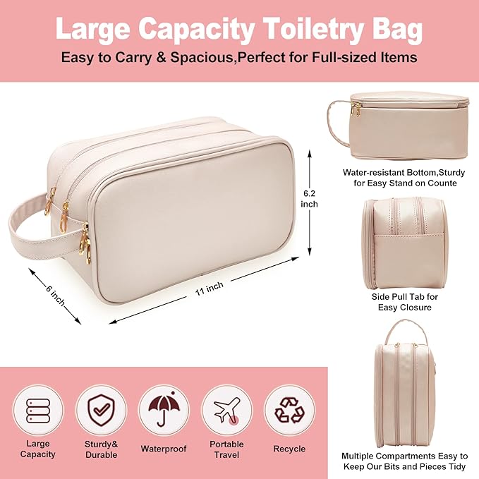 Travel Toiletry Bag for Women, Water-resistant Toiletry Organizer Dopp Kit, Dorm Room Essentials for Girls, Eco Leather Make Up Bag for Toiletries Accessories, Mother's Day Graduation Gifts for Her