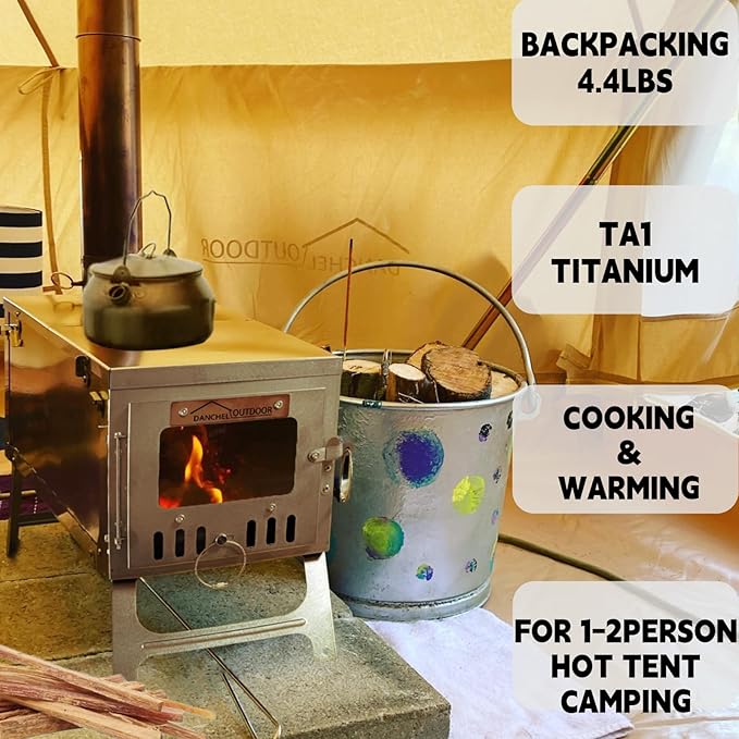DANCHEL OUTDOOR T6 Ultralight Titanium Wood Stove for Camping Backpacking, 4.4lbs Folding Hot Tent Stove with 7.2ft Chimney Pipe, Easy Setup for Solo Survival, Cooking