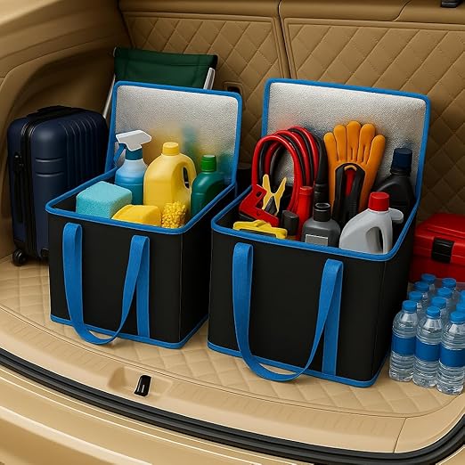 2-Pack Trunk Organizer for Car - Car Organizer, Foldable Trunk Organizer for SUVs & Sedans, Sturdy Car Organization for Car Accessories, Tools, Sundries, Black, 2 Compartments Insulated Picnic Basket