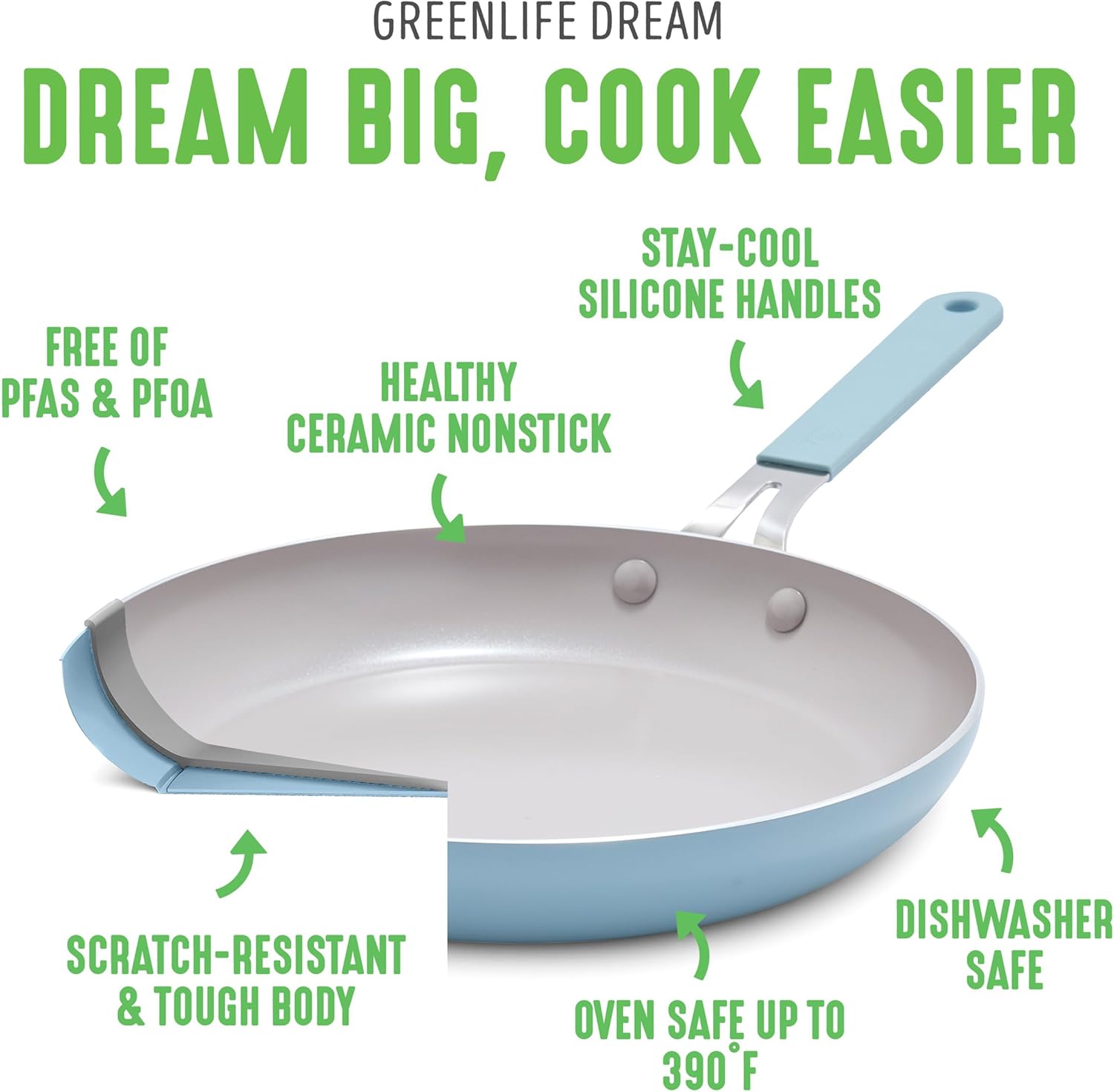 GreenLife 8” & 10” 2 Piece Nonstick Ceramic Frying Pan Set, Lightweight Healthy PFAS-Free Skillets, Dishwasher & Oven Safe, Durable Body, Silicone Stay-Cool Handles, Easy Release, Blue Haze