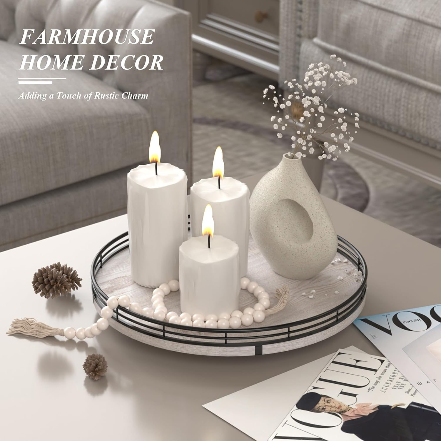 12" Farmhouse Lazy Susan for Kitchen & Coffee Table Decor – Rustic Wood Tray with Black Metal Frame, Decorative Centerpiece for Dining Room, Ottoman, Living Room, Serving or Vanity Use