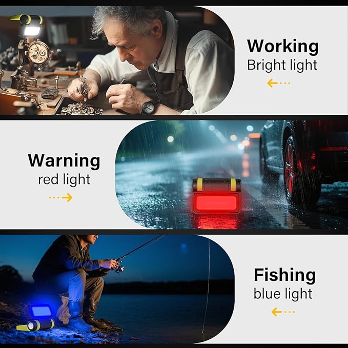 LED Work Light, Flashlight with COB Camping Lantern, 1000LM Magnetic Flashlight, 200°Foldable, 5+3 Modes, Rechargeable Waterproof Handheld Flashlights for Camping, Home, Car Repair, Emergency, Fishing