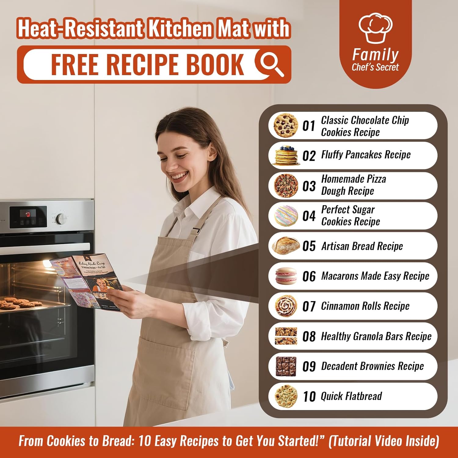 Silicone Mat for Baking, Extra Thick Silicone Baking Mat with 10 Easy Recipes, Non Stick Pastry Mat for Dough Rolling, Macaron, Cookie, bread, Pizza, Fondant/Pie Crust, Oven& Dishwasher Safe