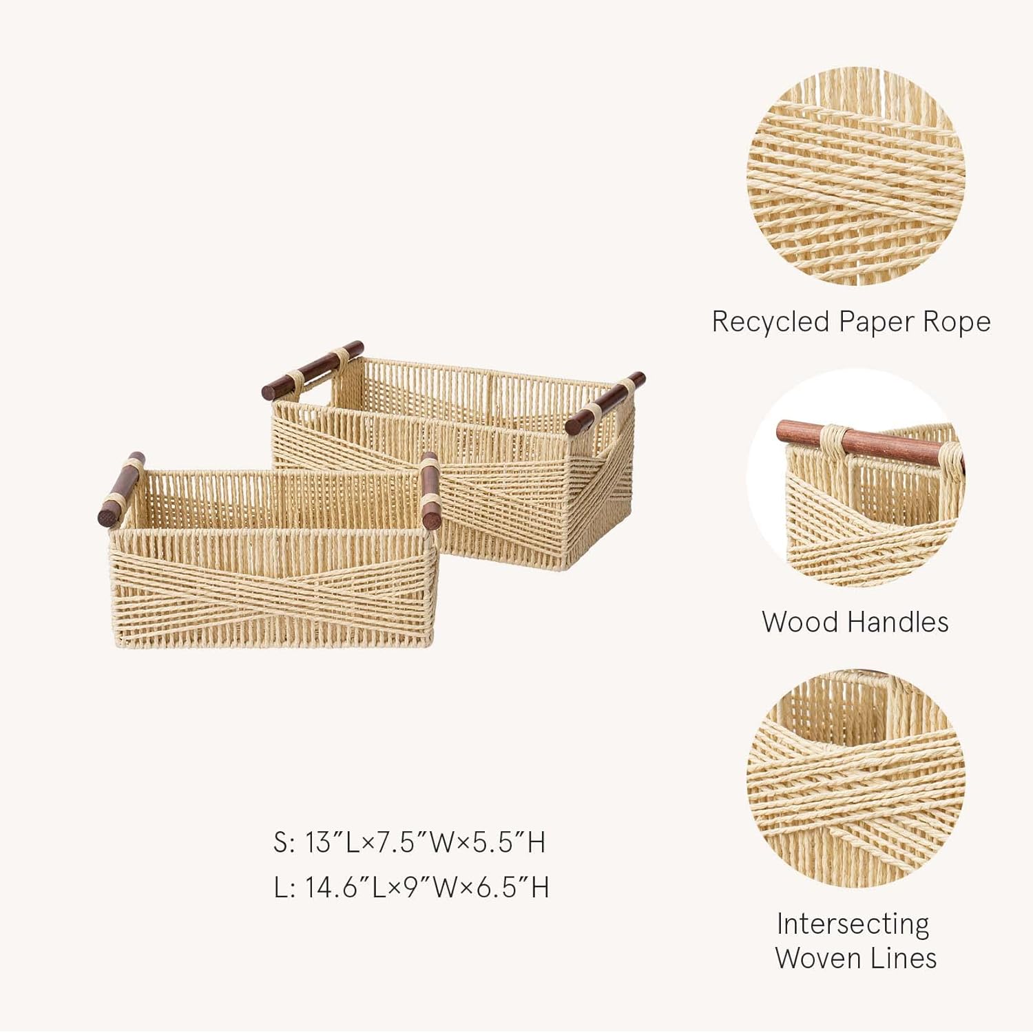 LA JOLIE MUSE Wicker Storage Baskets for Organizing, Recyclable Paper Rope Basket with Wood Handles, Decorative Hand Woven Basket Organizers for Makeup Books Shelves Living Room, Beige, Set of 2