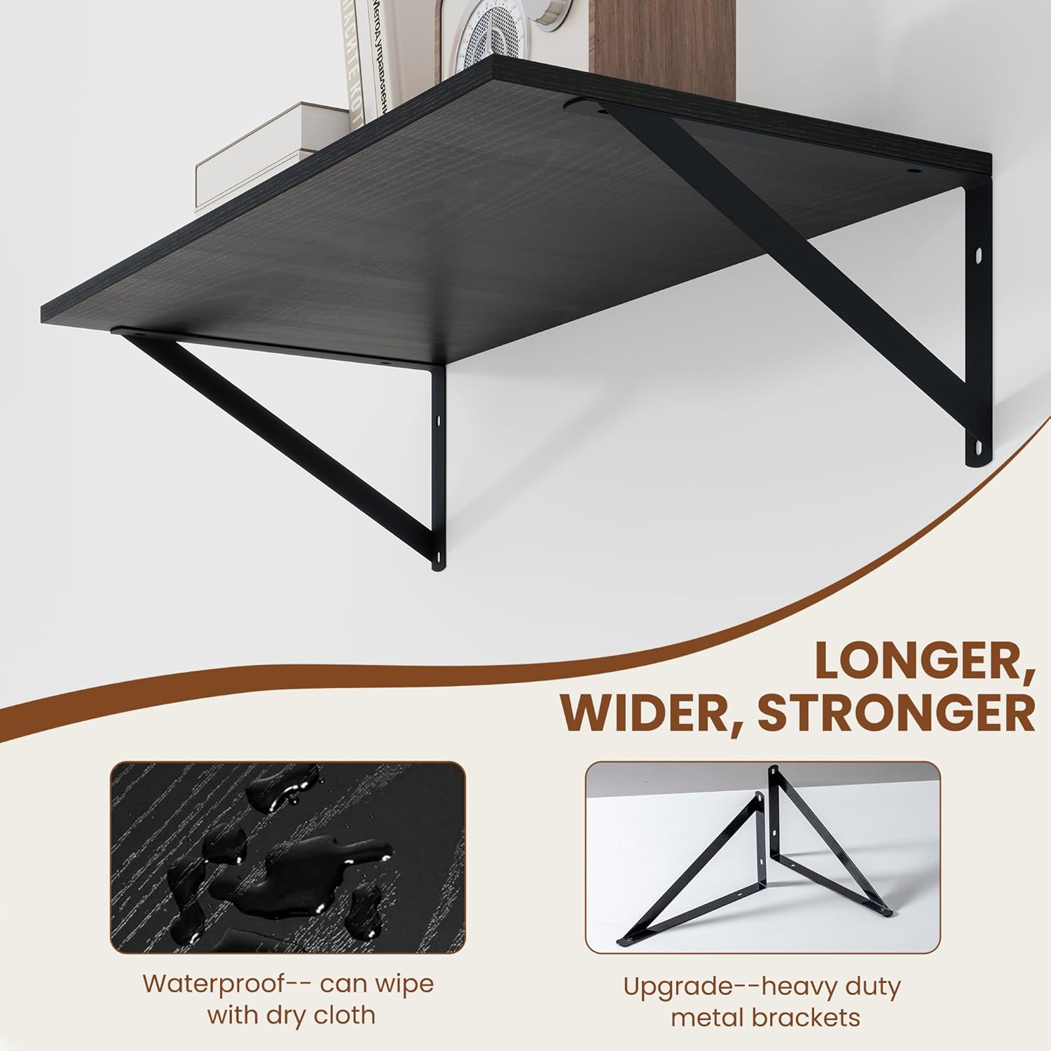 Heimlove Black Deep Floating Shelves for Wall, 24W x 12D Wood Wall Shelves Set of 2, Wide Floating Bookshelf for Living Room, Kitchen, Office, Bedroom and Decor Storage, with Metal Bracket - Black