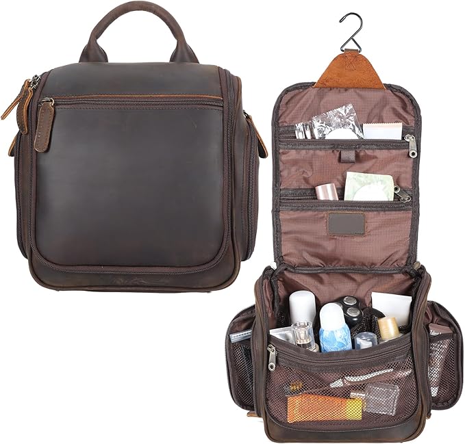 Masa Kawa Leather Hanging Travel Toiletry Bag for Men Portable Expandable Camping Cosmetics Makeup Toiletries Organizer Vintage Bathroom Shaving Kit Brown Wash Bags