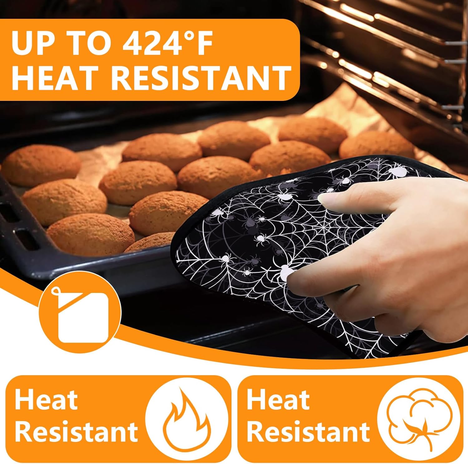 Spider Web Oven Mitts and Pot Holders Sets 4Pcs,Extra Long Oven Gloves Potholder for Kitchen Cooking Baking BBQ 100% Cotton Heat Resistant