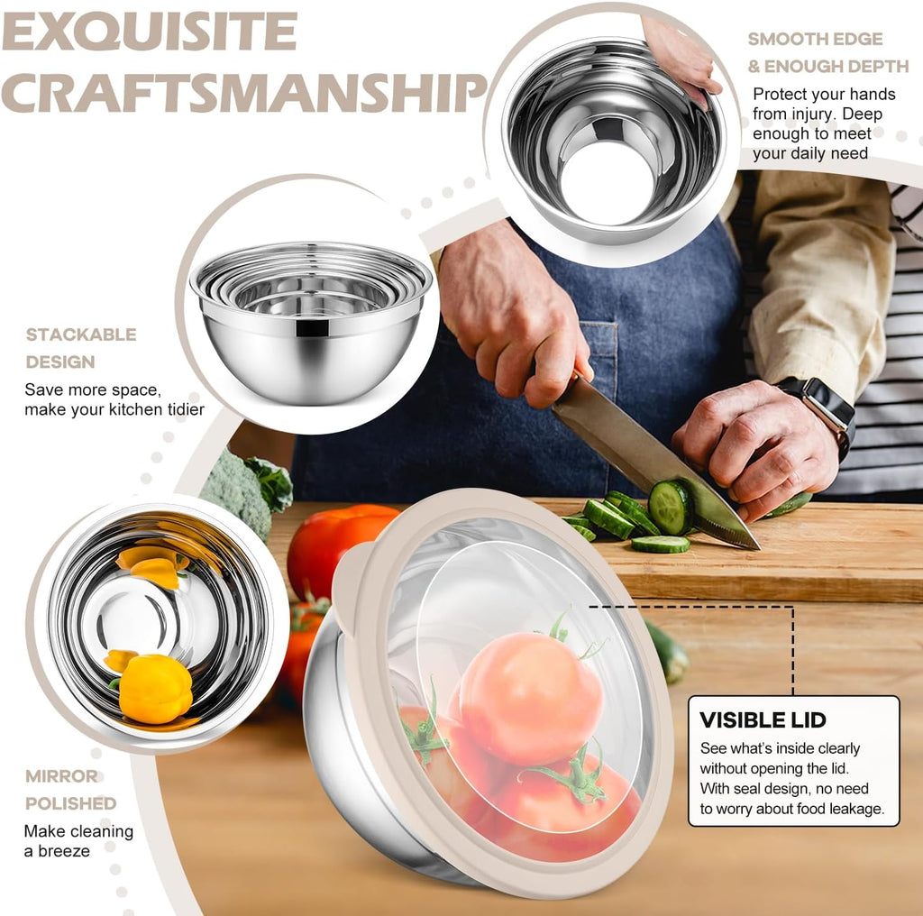 E-far Stainless Steel Mixing Bowls with Airtight Clear Lids Set of 7, Metal Nesting Bowls for Kitchen Prep, Baking, Cooking, Serving, Salad, Dishwasher Safe, Size 4.6, 3.5, 3, 2, 1.5, 1, 0.7QT, Khaki