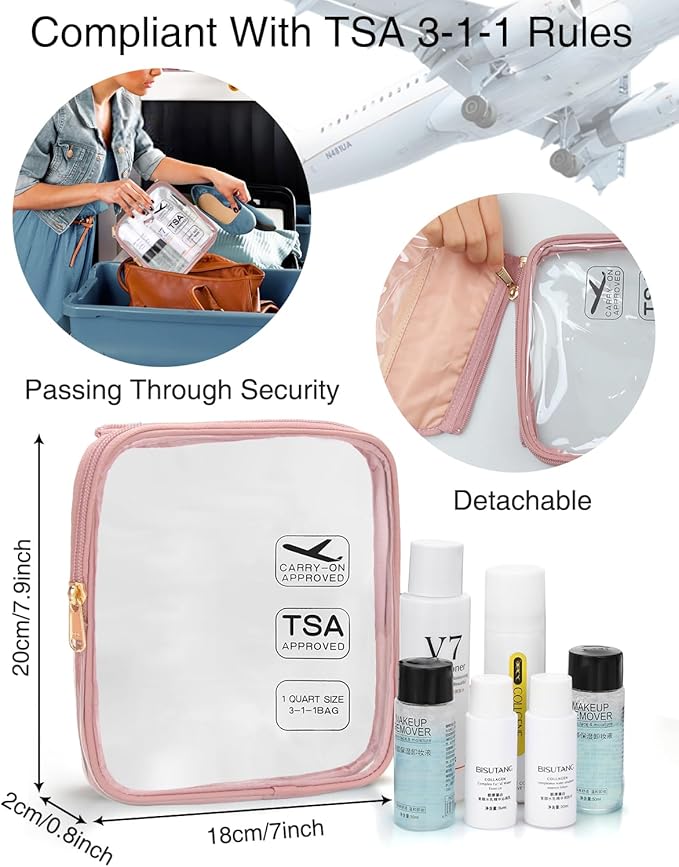 Relavel Travel Toiletry Bag for women with Detachable TSA Approved Toiletry Bag, Compact Hanging toiletry bag with Small Carry On 3-1-1 Clear Waterproof Travel Bags for Toiletries (Pink, A Small)