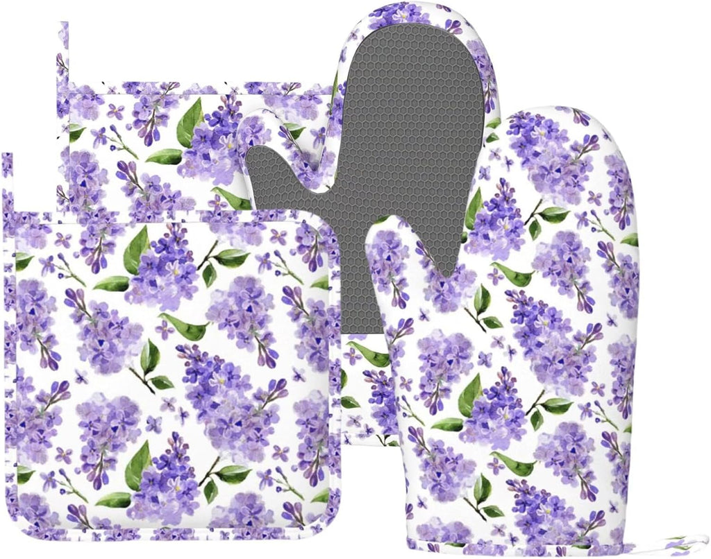 Lavender Oven Mitts and Pot Holders 4 pcs Set Silicone Lilac Flower Kitchen Oven Mitt Gloves Lavenders Pot Holders Non-Slip Heat Resistant Cooking Mitts Set for Kitchen Baking Grilling