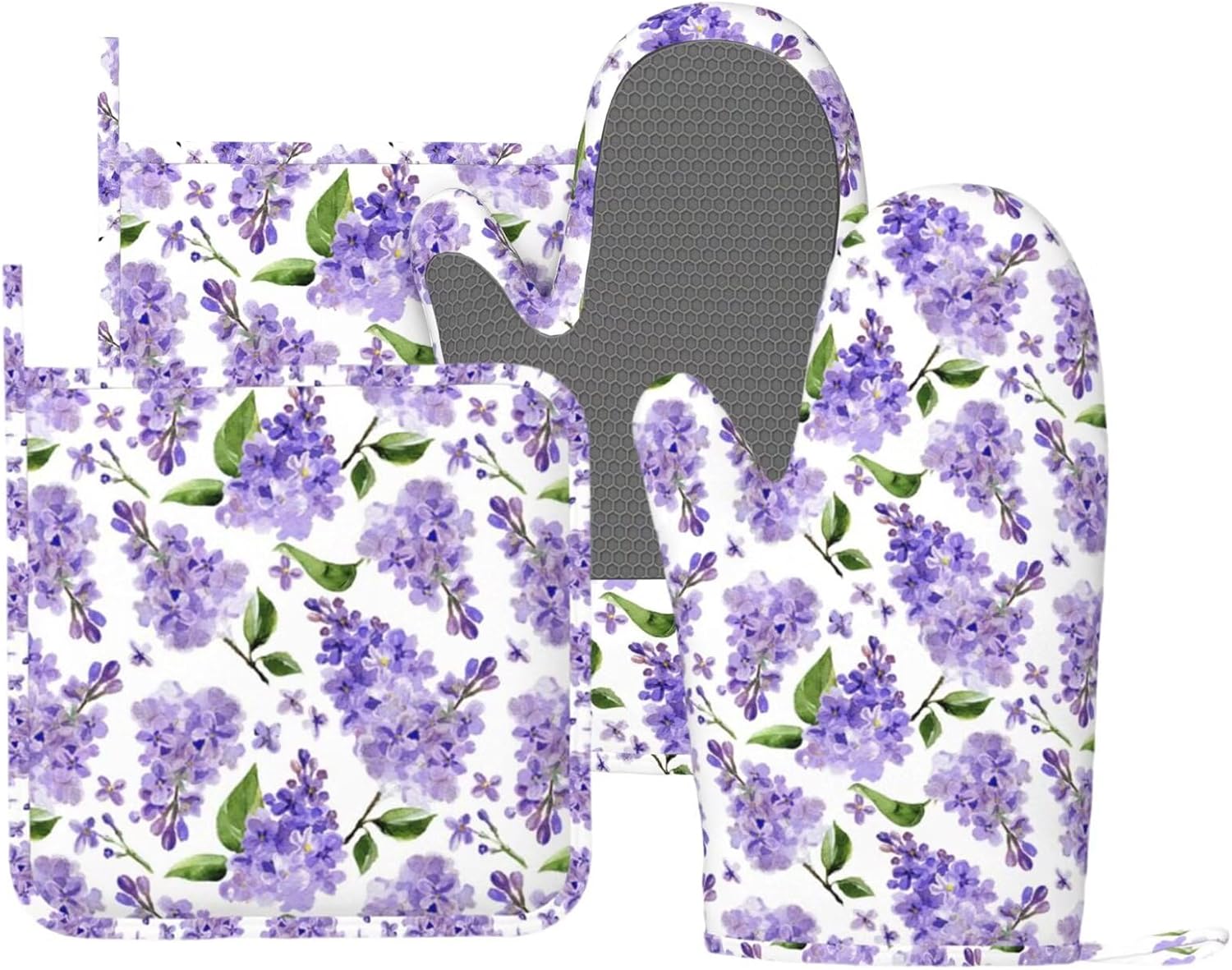Lavender Oven Mitts and Pot Holders 4 pcs Set Silicone Lilac Flower Kitchen Oven Mitt Gloves Lavenders Pot Holders Non-Slip Heat Resistant Cooking Mitts Set for Kitchen Baking Grilling
