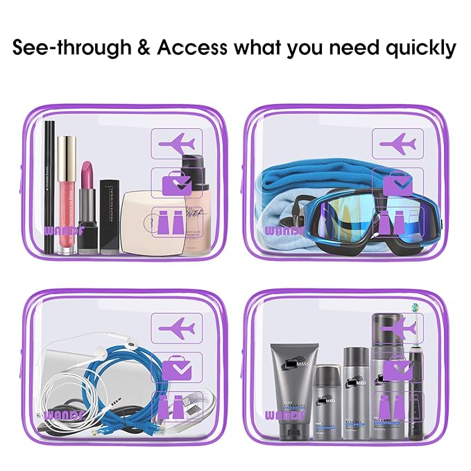 TSA Approved Clear Travel Toiletry Bag wih Zippers Carry-on Travel Accessories Quart Size Toiletries Cosmetic Pouch Makeup Bags for Men and Women (2pcs Purple)