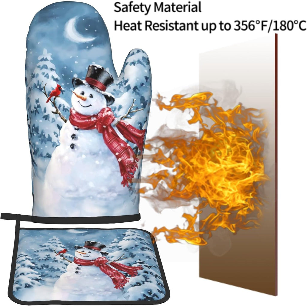 Blue Snowman Oven Mitts and Pot Holder Set of 2 Winter Snow Kitchen Gloves Potholders Heat Resistant for Chef Baking Cooking Grilling BBQ