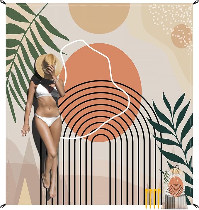 110''×118'' Large Sandproof Beach Blanket for 4-8 Adults, Waterproof Sand Free Beach Mat with 4 Stakes, Polyester Lightweight Boho Outdoor Travel Mat for Picnic, Travel, Camping, Hiking