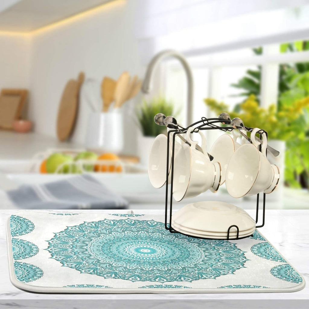 Super Absorbent Dish Drying Mat, Microfiber Fast-Drying Dish Mat, 16" x 18", Kitchen Dish Drying Pad, Boho Ethnic Turquoise Mandala