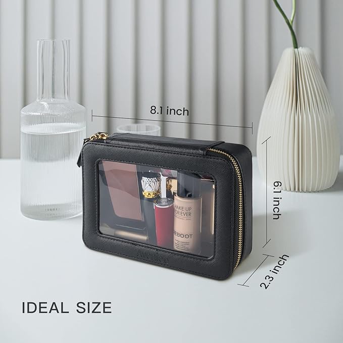 Aveniee Clear Makeup Bag Organizer, Portable Travel Toiletry Cosmetic Bag Case for Women, Heavy Duty Clear Pouch with zipper with Transparent Vinyl Windows & Gold Zippers(Black)