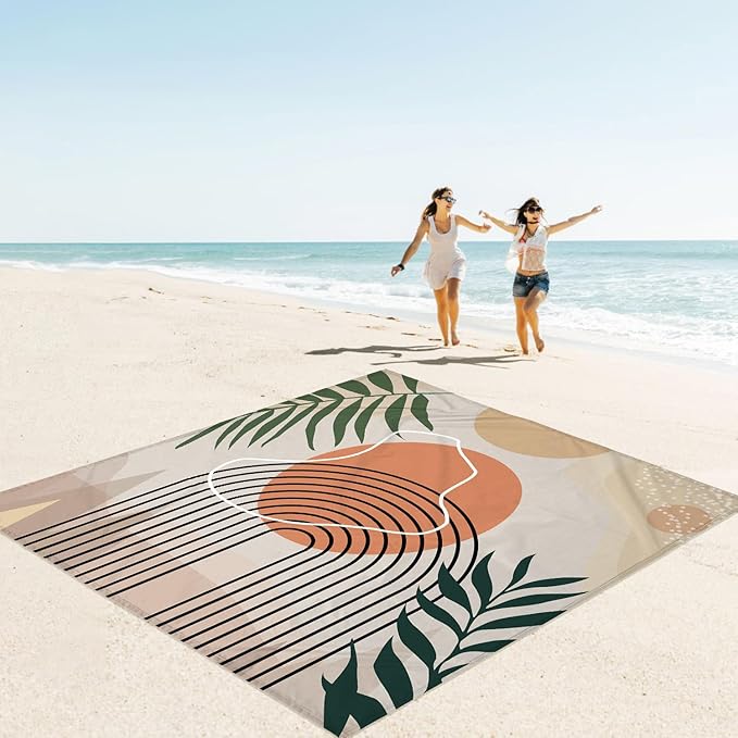 110''×118'' Large Sandproof Beach Blanket for 4-8 Adults, Waterproof Sand Free Beach Mat with 4 Stakes, Polyester Lightweight Boho Outdoor Travel Mat for Picnic, Travel, Camping, Hiking