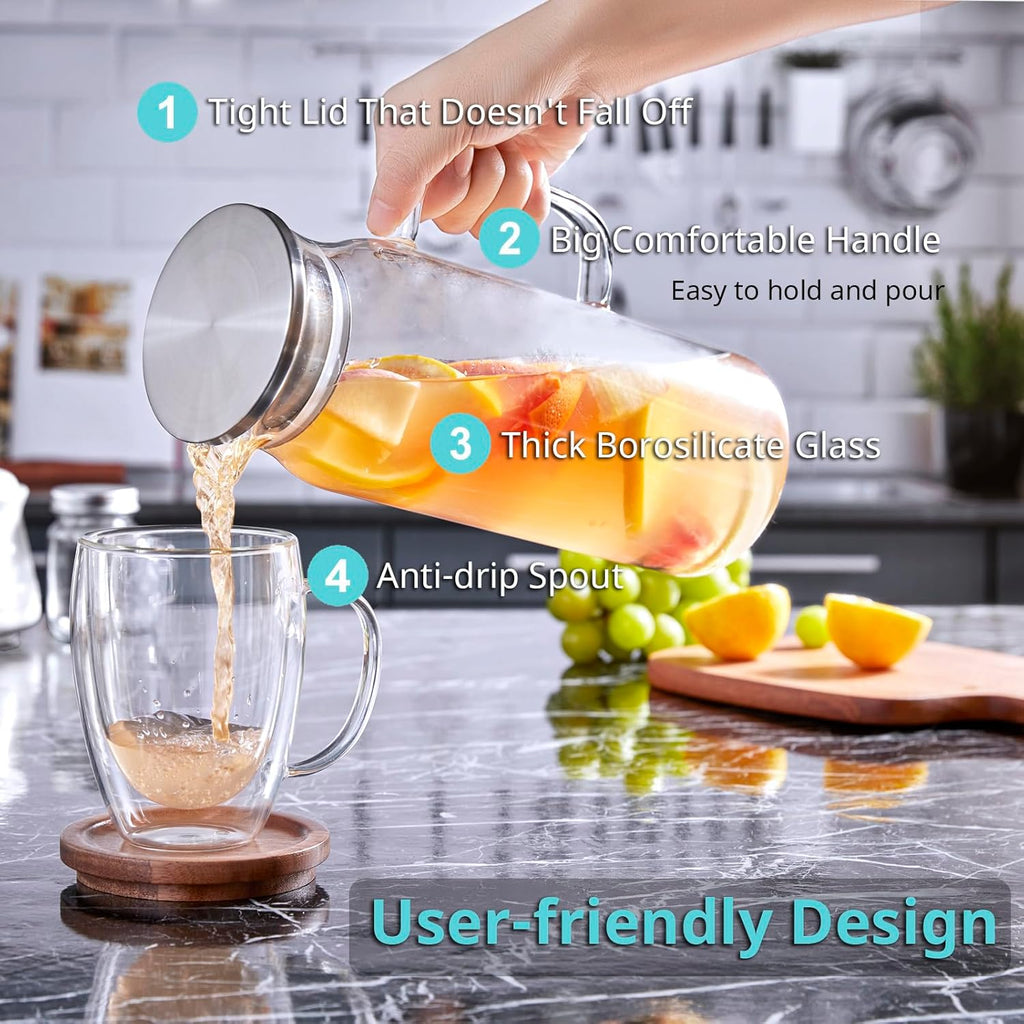 1.6 Liter 54 oz Glass Pitcher with Lid and Spout, Bivvclaz Glass Carafe Water Pitcher for Hot/Cold Water, Iced Tea, Drinks, Coffee, Juice and Homemade Beverage