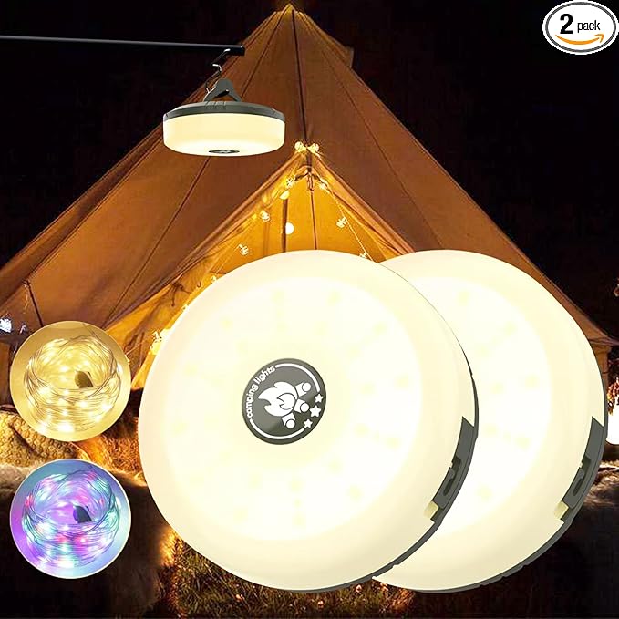 2-Pack Camping String Lights, 4 in 1 Outdoor String Lights with 8 Lighting Modes, Quick Storage, USB Charging, Portable Camping Light Rechargeable, 32.8ft Waterproof Tent Light for Hiking,Christmas