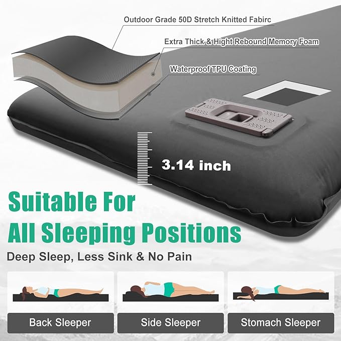 Self Inflating Sleeping Pad with Electric Pump,3.14" Thick Memory Foam Sleeping Mats for Camping,Easy Inflate&Deflate,9.5 R-Value Insulated Camping Mattress with Pillow for Car Travel Tent, Grey