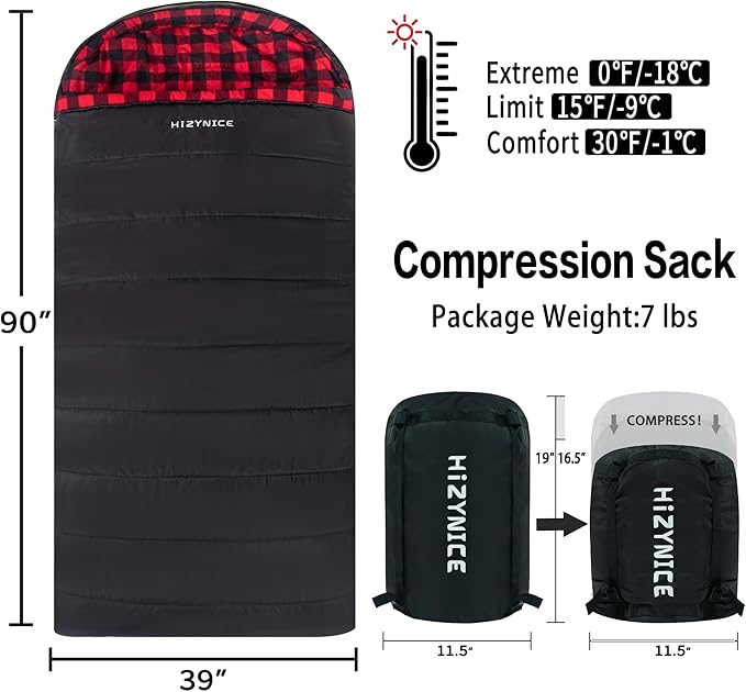 0 Degree Sleeping Bag 100% Cotton Flannel XXL for Adults Big and Tall Cold Weather Winter Zero Degree Camping,Free Compression Sack