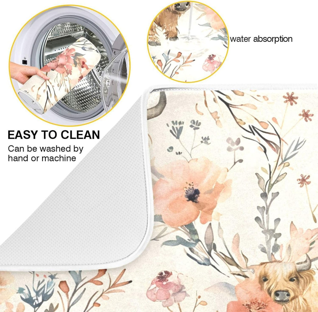 Cute Highland Cows Flowers Dish Drying Mat for Kitchen Counter Absorbent Microfiber Drying Pad, Medium 16x18 in, Reversible Drainer Mats