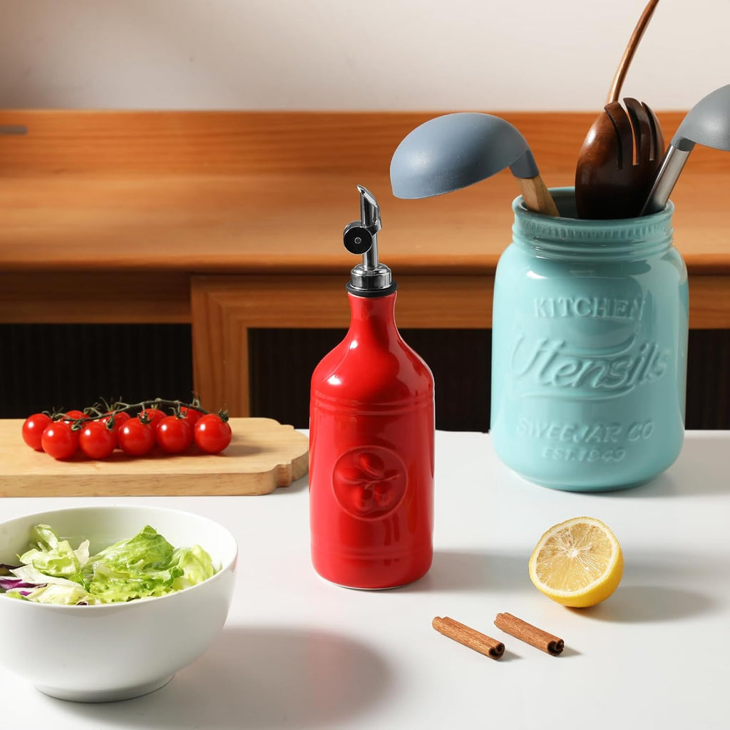 Sweejar 16 Oz Ceramic Olive Oil Dispenser Bottle, Oil Dispenser for Kitchen with Gravity Spout, Relief Opaque Oil Container for Evoo, Avocado Oil, Vinegar, Soy Sauce, 1 Pack(Red, Silver Spout)