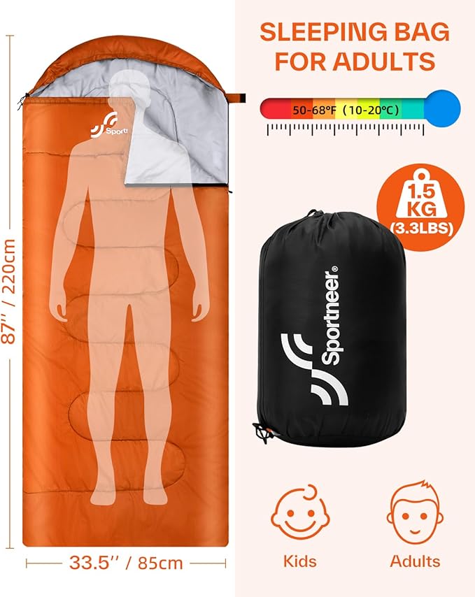Sportneer Sleeping Bags for Adults, Warm & Cold Weather Sleeping Bag for Adults Kids Boys Girls - Lightweight Compact Camping Gear Equipment, Traveling, Backpacking, Hiking
