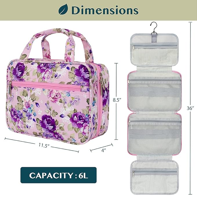 PAVILIA Hanging Toiletry Bag Travel Bag Women Men, Foldable Cosmetic Organizer, Roll up Makeup Bag, Water Resistant Accessories Toiletries, Large Travel Essentials Kit (Purple Floral)