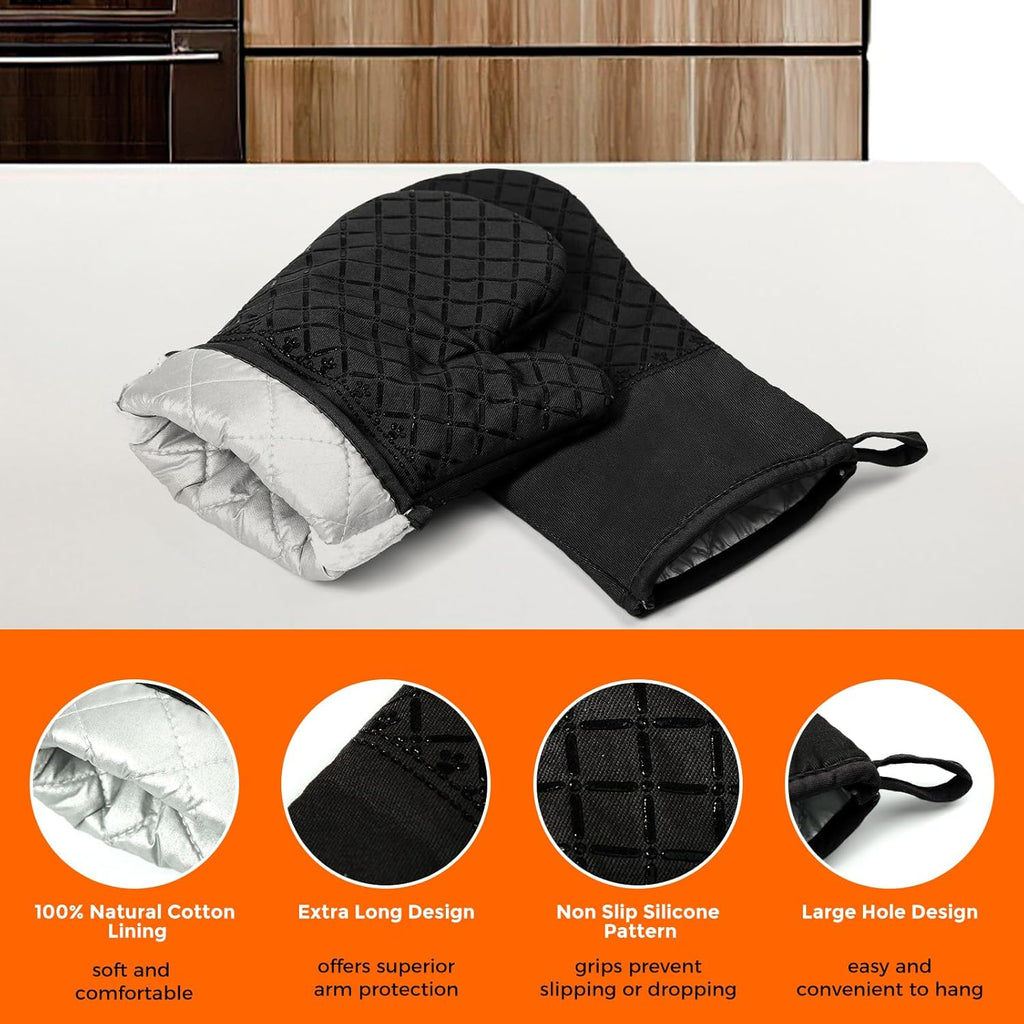2 Pcs Oven Mitts Heat Resistant for Kitchen, Kitchen Oven Gloves, Long Oven Mitts and Pot holder with Non-Slip Silicone Stripe and Soft Cotton Lining, Silicone Oven Mitts for Cooking Baking BBQ Gloves