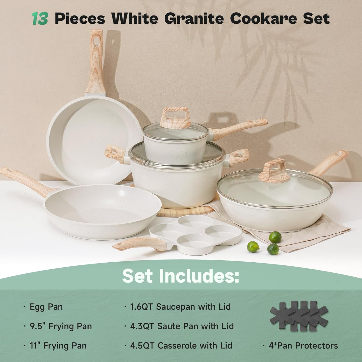 13 Pcs Pots and Pans Set, Nonstick Cookware Sets White Granite Induction Cookware, Non-toxic Healthy Non stick Kitchen Cooking Set with Frying Pans Set, Saucepans (PFAS/PFOA/PFOS Free)