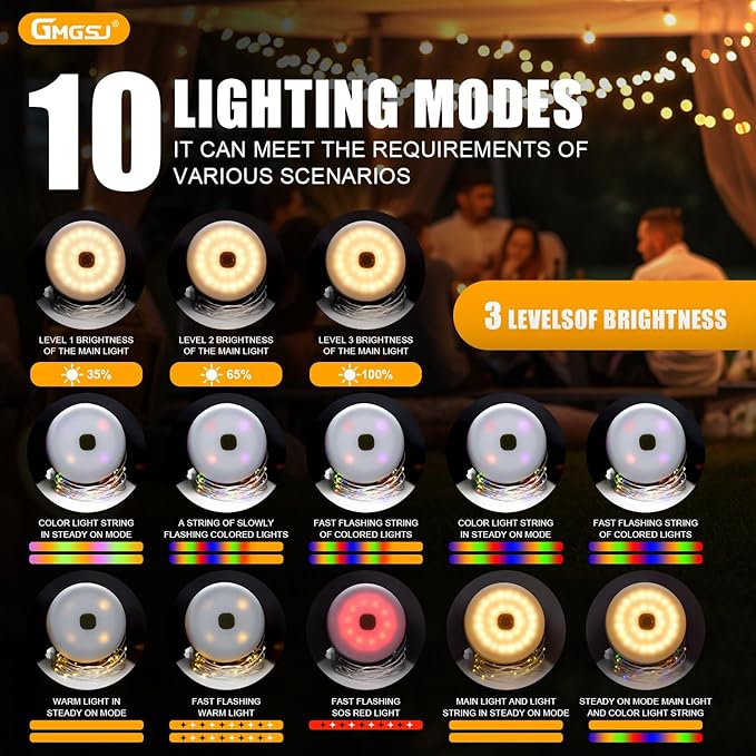 2 PCS Solar Camping String Lights,40.45FT Fairy String Lights with 10 Lighting Modes,Waterproof Camping Lamp with Remote Control,Solar Power and USB Rechargeable Camping Lights for Yard Hiking