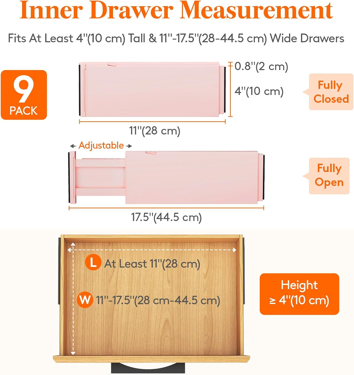 Lifewit 9 Pack Drawer Dividers 4" High, 11-17" Adjustable Drawer Organizers for Clothes, Expandable Dresser Separators in Bedroom/Bathroom/Kitchen/Fridge/Office Organization and Storage, Pink