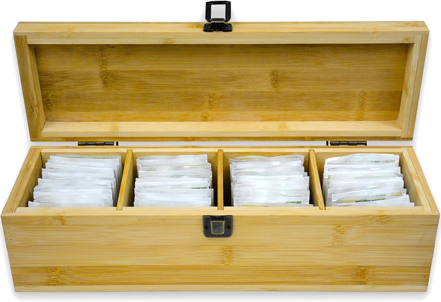 Bamboo Tea Organizer Box Chemical Free Eco-Friendly Big, Tall, Adjustable Cubbies Natural Wooden Storage Chest (4-Slot Rectangle 14.3"x 4.4" x 4.2" with TEA print design)