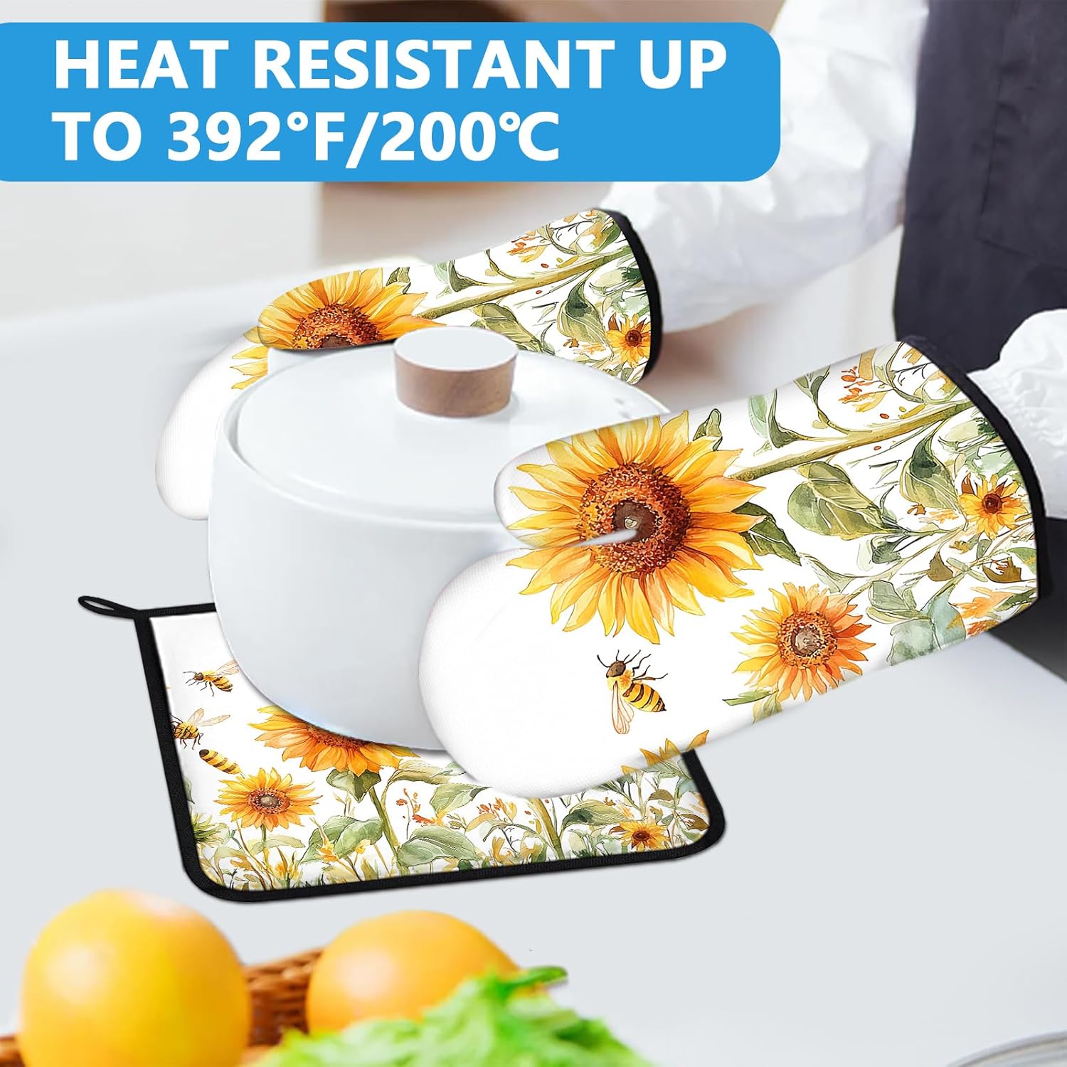 Watercolor Sunflower Oven Mitts and Pot Holders Sets Heat Resistant 4Pcs Busy Bee Potholders Oven Gloves Hot Pads for Kitchen Baking Cooking Grilling BBQ