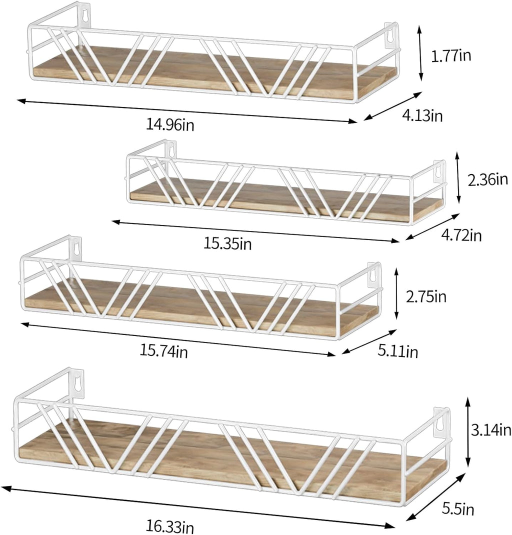 Floating Shelves for Wall Set of 4, Different Sizes Mounted Wood Floating Shelf, Wall Shelves for Living Room, Bedroom, Bathroom, Kitchen, Farmhouse Decor, Office