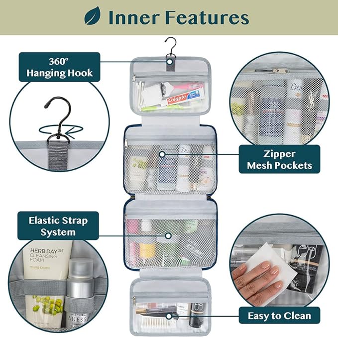 PAVILIA Hanging Toiletry Bag Travel Bag Women Men, Foldable Cosmetic Organizer, Roll up Makeup Bag, Water Resistant Accessories Toiletries, Large Travel Essentials Kit (Navy Stripe)