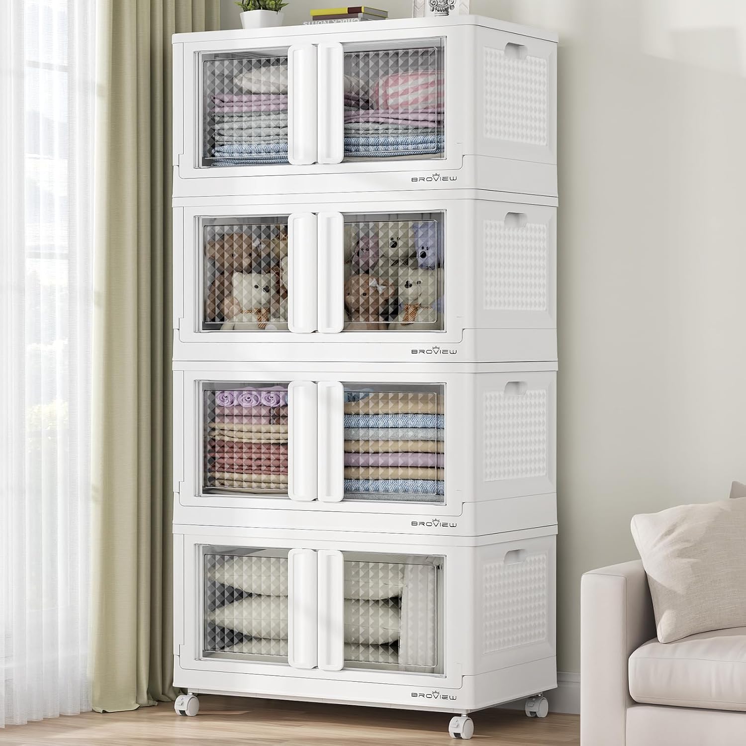 400Qt Stackable Storage Bins with Lids, 100Gal Closet Organizers and Storage Drawer, Plastic Collapsible Storage Bins with Doors, Heavy Duty Store Box Cabinet for Home Office, 4Pack White