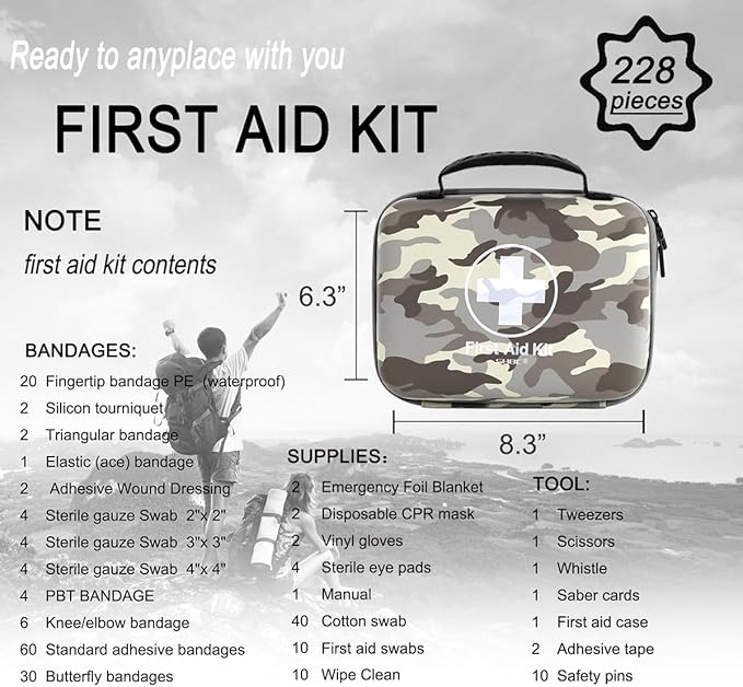 SHBC Waterproof First Aid Kit (228pcs) with All Basic or Advanced Supplies You Need. Suitable for Emergencies at Home or Outside, Travel, Home, Camping, Camouflage Grey