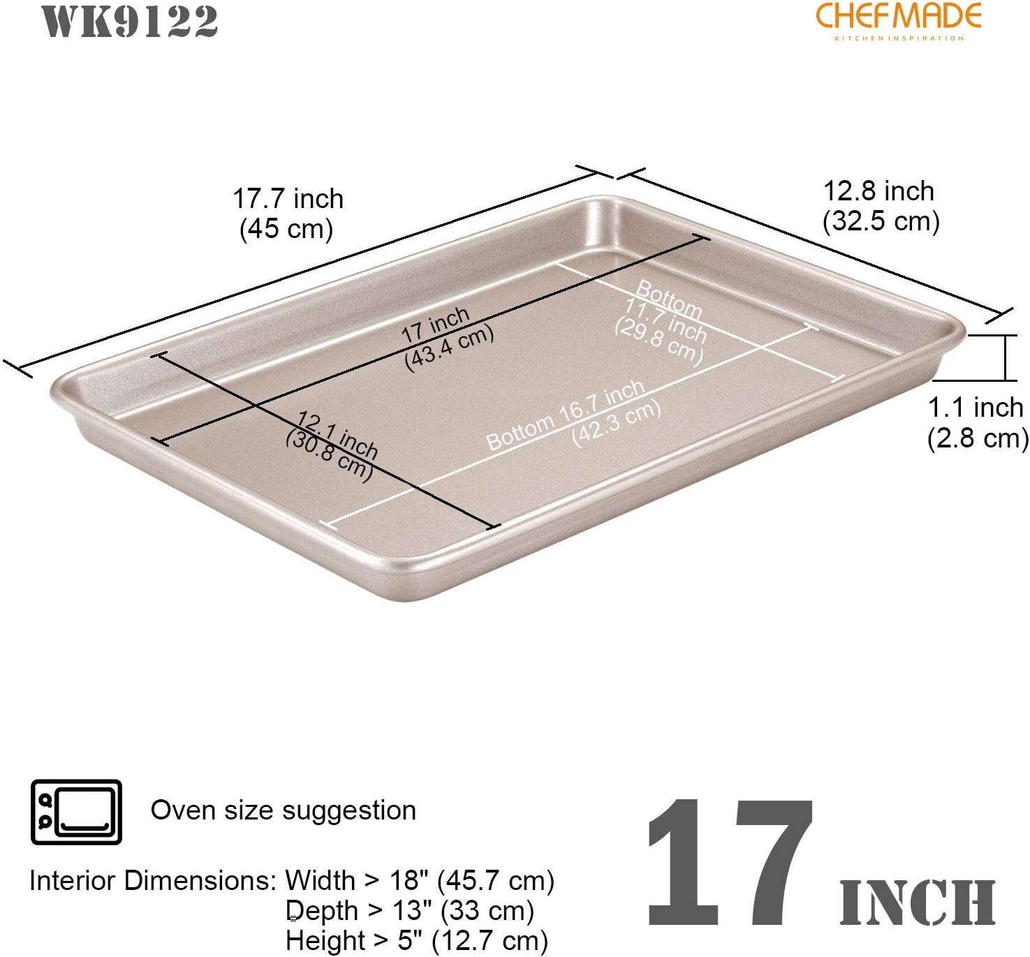 CHEFMADE 17-Inch Baking Sheet Pan, Non-Stick Carbon Steel Rimmed Cookie Sheet Pan for Oven Roasting Meat Bread Jelly Roll Battenberg Pizzas Pastries 12.8" x 17.7" x 1.1" (Champagne Gold)