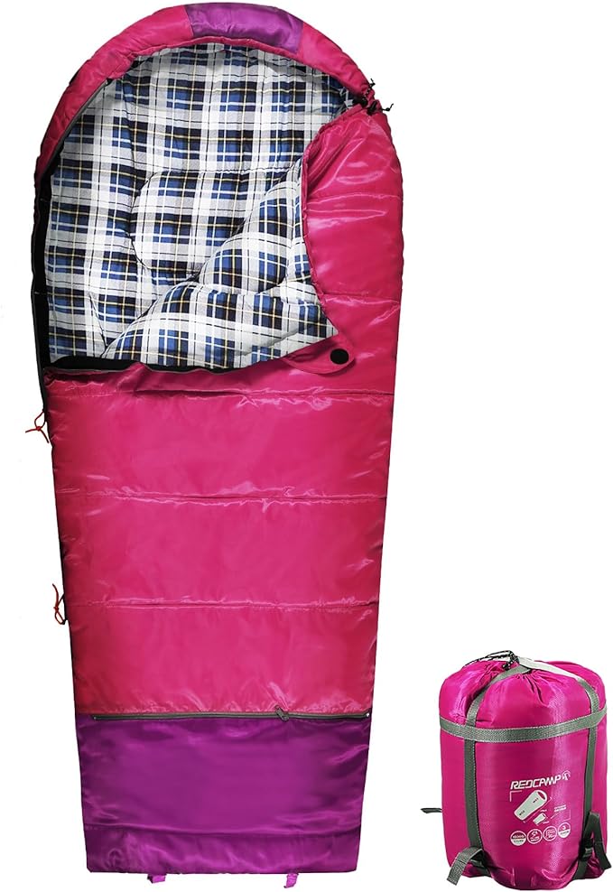 REDCAMP Kids Mummy Sleeping Bag for Camping, 3 Season Cold Weather Sleeping Bag Fit Boys,Girls & Teens, Blue/Rose Red