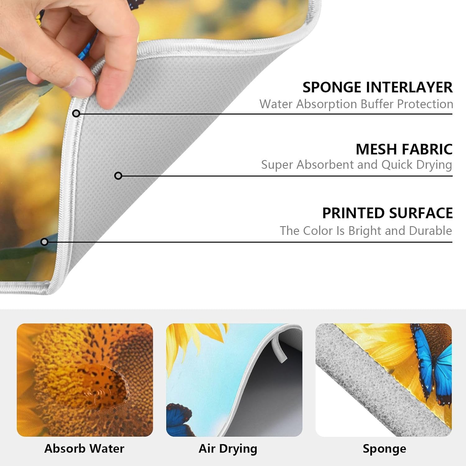 Blooming Sunflowers Blue Butterfly03 Dish Drying Mat for Kitchen Counter Absorbent Microfiber Large Drying Pad Dish mats for Kitchen Countertops 18 x 24 Inch