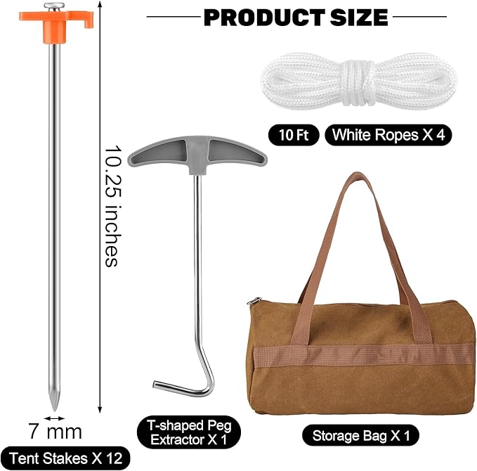 Aodaer 12 Pack Tent Stakes Heavy Duty Tent Pegs 10.25 Inch Non-Rust Metal Yard Stakes with 4x10ft Ropes and Storage Bag Inflatable Stakes for Gardening & Canopies, Camping Halloween Christmas, Orange