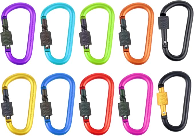 10 Pack Aluminum D Ring Key Rings Hiking Clips Locking Carabiner for Hiking Camping Fishing and Outdoor Use，Clips with Screw Gate Multicolored