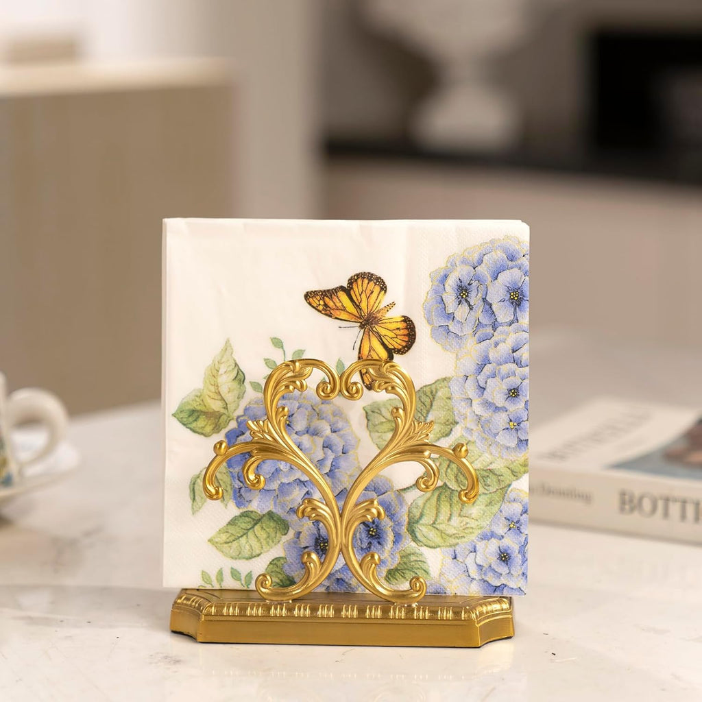 1 Gold Napkin Holder and 50 PCS Hydrangea Paper Napkins,Brass Napkin Holder,Classic combination and matching,Modern Dining Table Decor, Home Decor