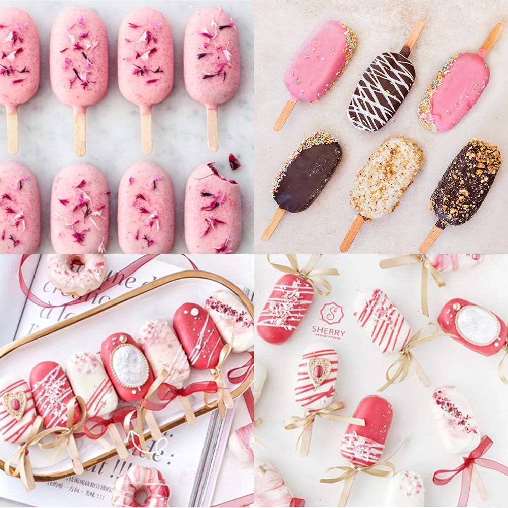 Ouddy Life Popsicle Molds Set of 2, Ice Pop Molds Silicone 4 Cavities Ice Cream Mold Oval Cake Pop Mold with 50 Wooden Sticks for DIY Popsicle, White