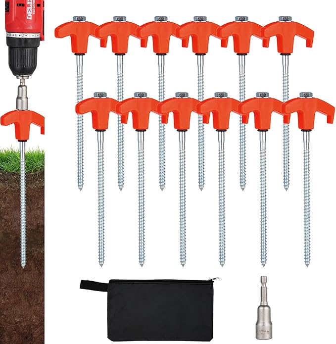 12 Pack Screw in Tent Stakes Heavy Duty,8 Inch Ground Anchors Screw in,Metal Stakes with Hex Head Driver,Camping Tent Accessories.(Orange)